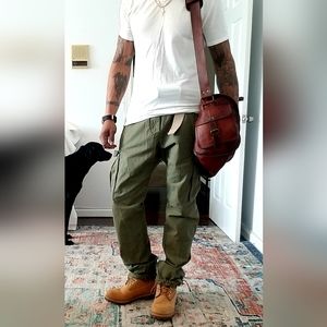 H&M Olive green Retro 2011 Mens Cargo Pants with belt and drawstring at cuffs.